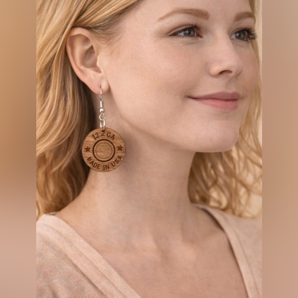 Handmade Jewelry - Handmade 12 GA USA Engraved Wooden Dangle Earrings Rustic Western Bullet Style
